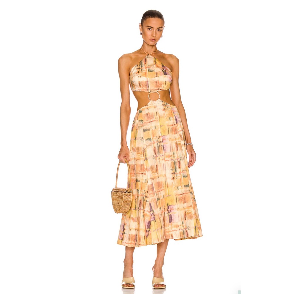 Cult Gaia Nadeesha Dress Summer Haze Abstract Cutout Midi Halter Gold Ring M NEW - Picture 3 of 7